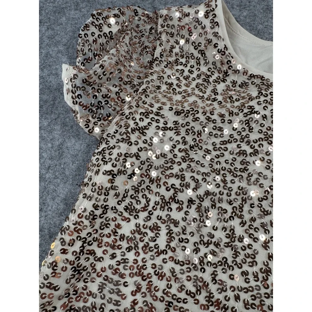 Cat & Jack Sequin Tiered Dress Large 10/12 Rose Gold Sparkly Ruffle Sleeve